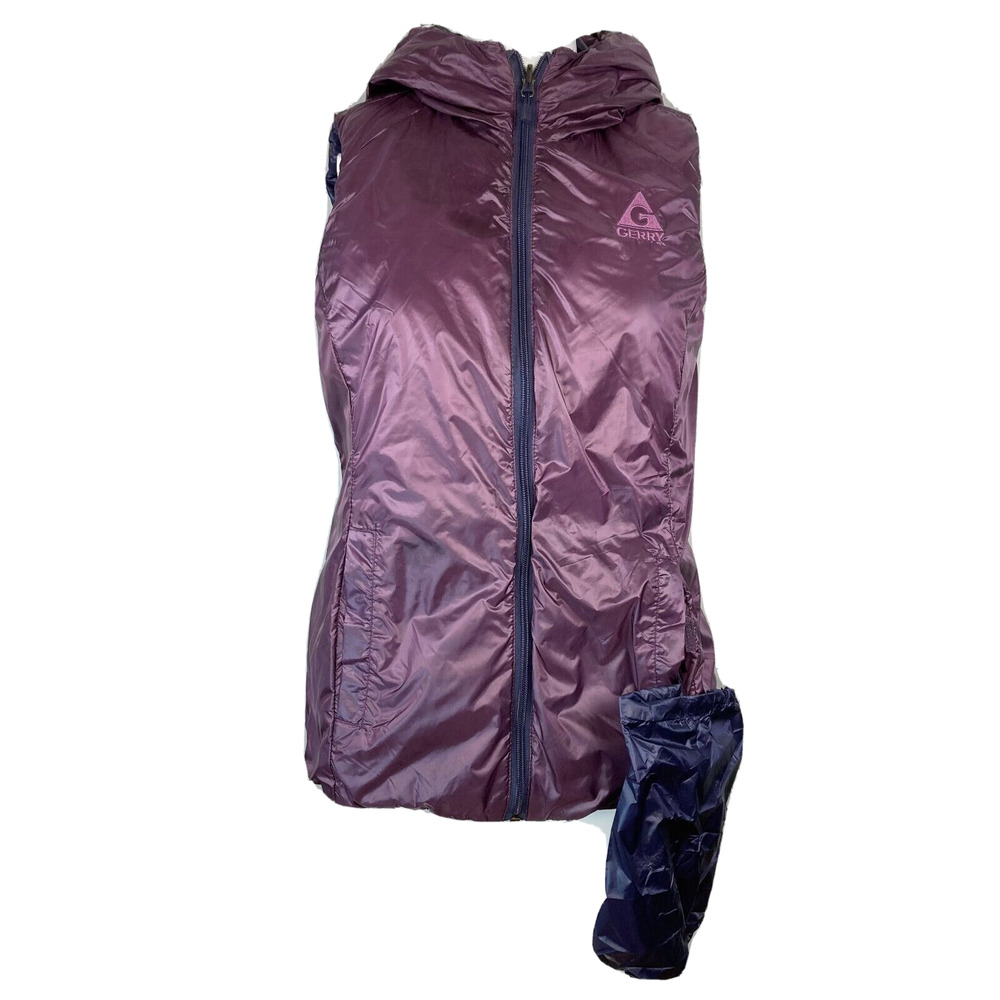 Gerry Vest Jacket Womens Sz S Purple Indigo Packable Reversible 90% Down Hooded